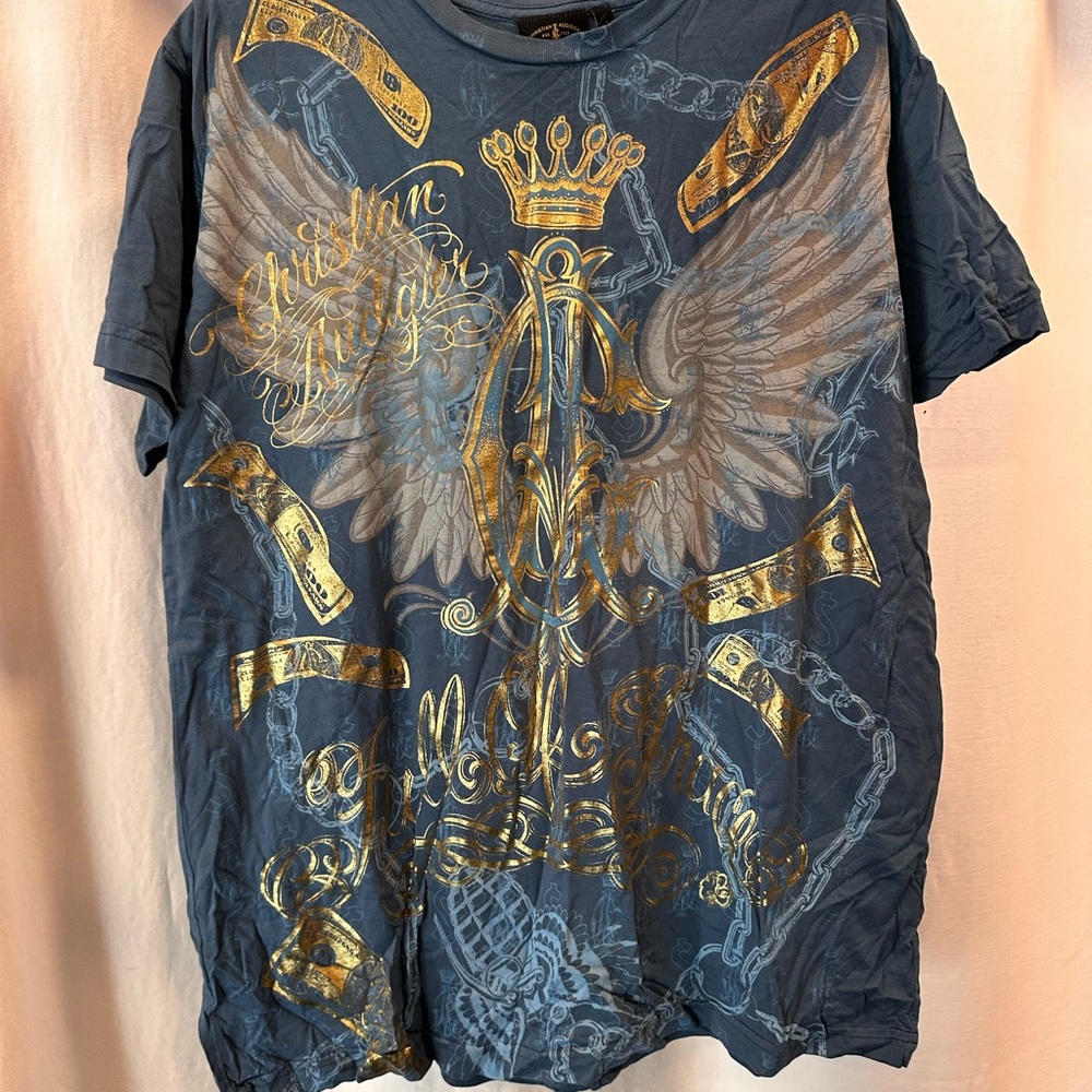 Christian Audigier Blue Tee with Gold and Silver Graphics